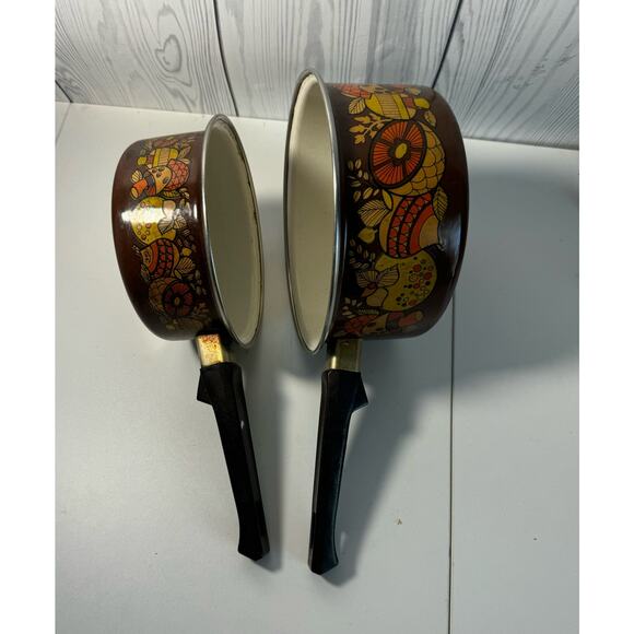 MCM 7o's Retro MUSHROOM & FRUIT Brown Orange Yellow Set of 2 Saucepans r1 - Picture 2 of 7